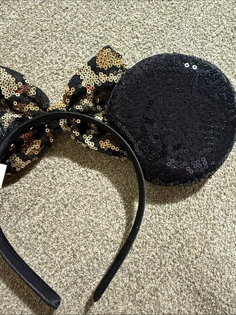 Disney Black Sequin Minnie Ears Headband with Gold Leopard Bow